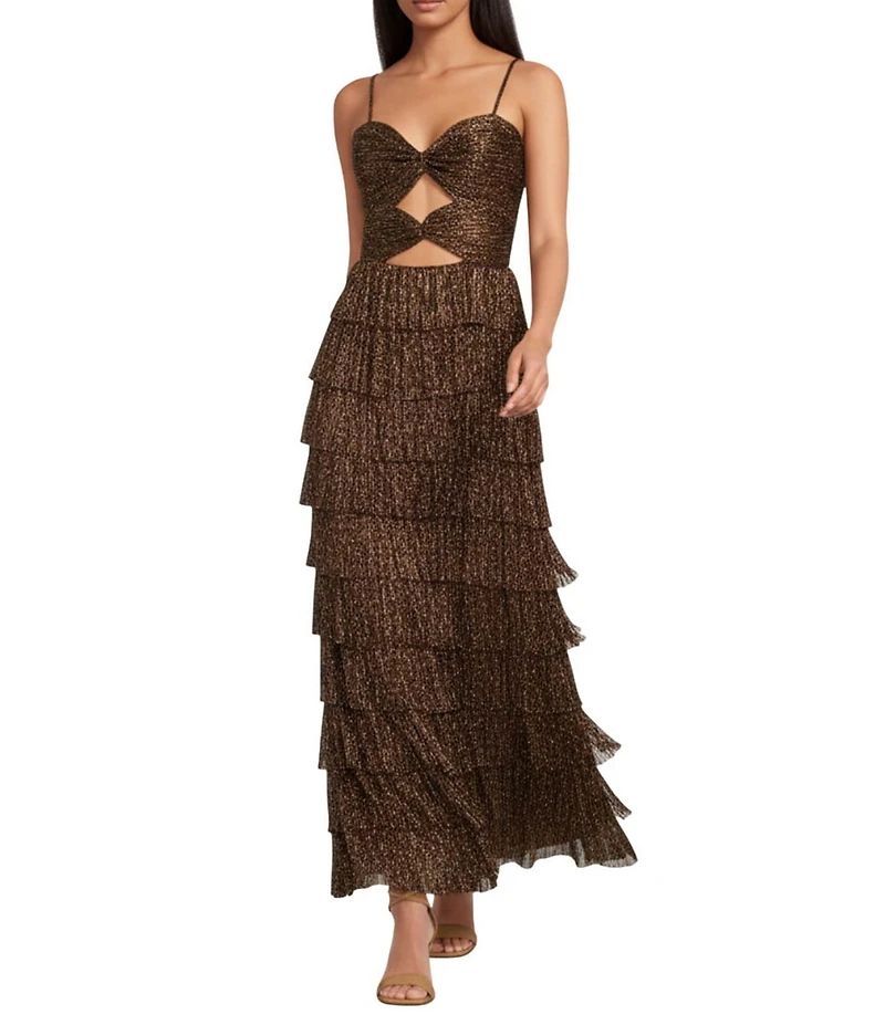Gianni Bini Grace Metallic Plisse Sweetheart Neck Cut-Out Tiered Dress