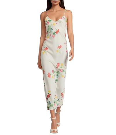 Gianni Bini Haven Satin Floral Print V-Neck Sleeveless Midi Slip Dress