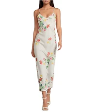 Gianni Bini Haven Satin Floral Print V-Neck Sleeveless Midi Slip Dress