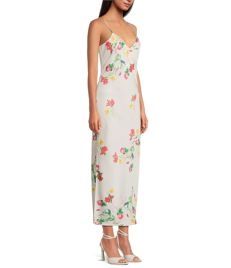 Gianni Bini Haven Satin Floral Print V-Neck Sleeveless Midi Slip Dress
