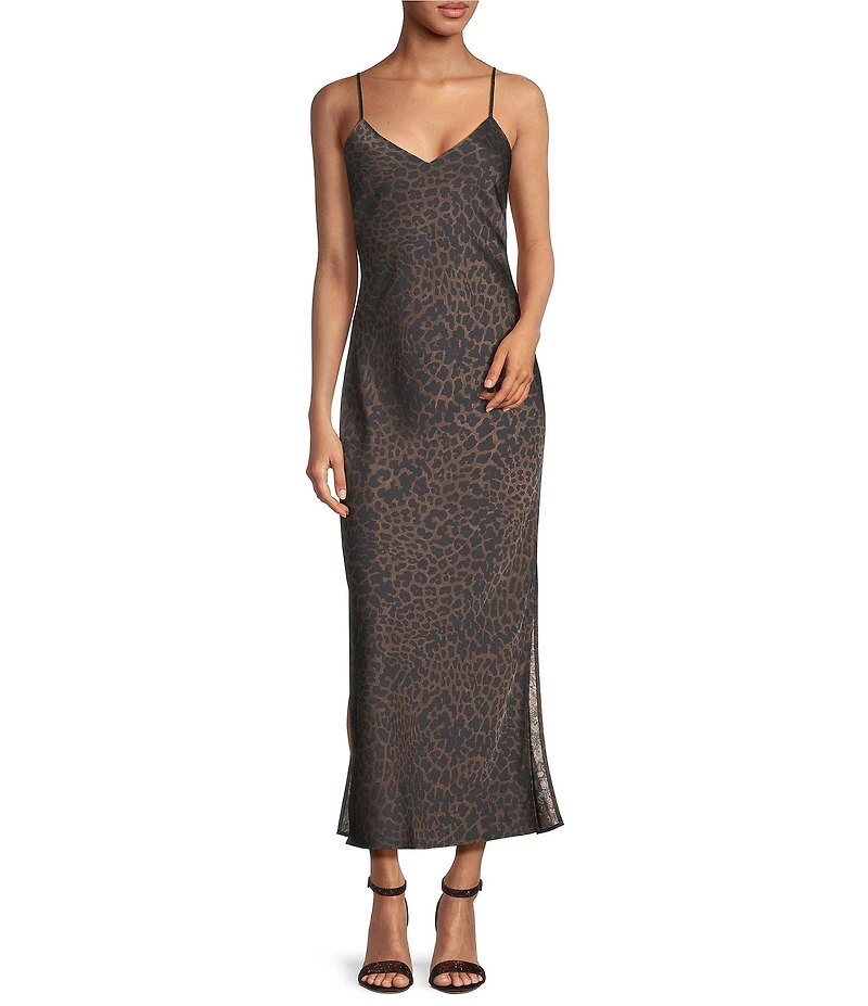 Gianni Bini Haven Satin Leopard Print V-Neck Sleeveless Full Length Slip Dress