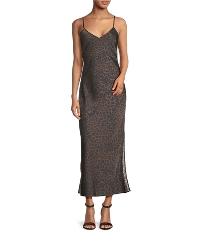 Gianni Bini Haven Satin Leopard Print V-Neck Sleeveless Full Length Slip Dress