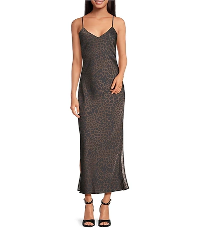 Gianni Bini Haven Satin Leopard Print V-Neck Sleeveless Full Length Slip Dress