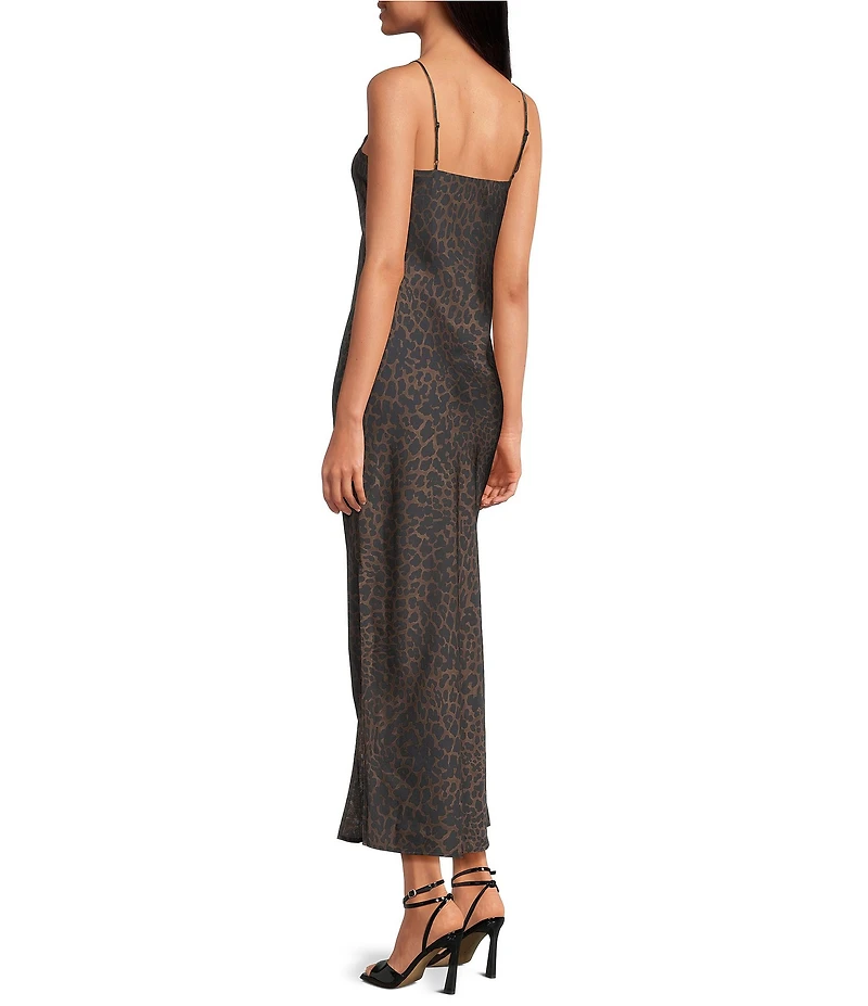 Gianni Bini Haven Satin Leopard Print V-Neck Sleeveless Full Length Slip Dress