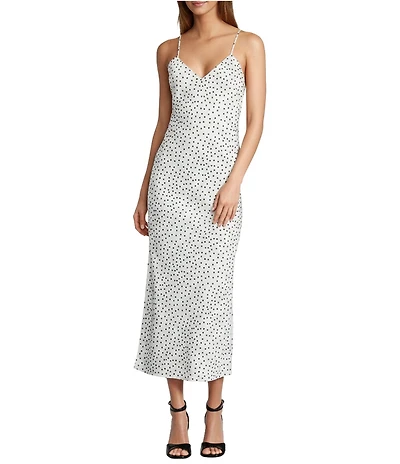 Gianni Bini Haven Satin Polka Dot Print V-Neck Sleeveless Maxi Slip Dress