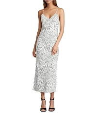 Gianni Bini Haven Satin Polka Dot Print V-Neck Sleeveless Maxi Slip Dress