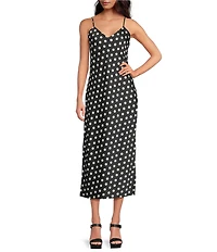 Gianni Bini Haven Satin Polka Dot Print V-Neck Sleeveless Midi Slip Dress