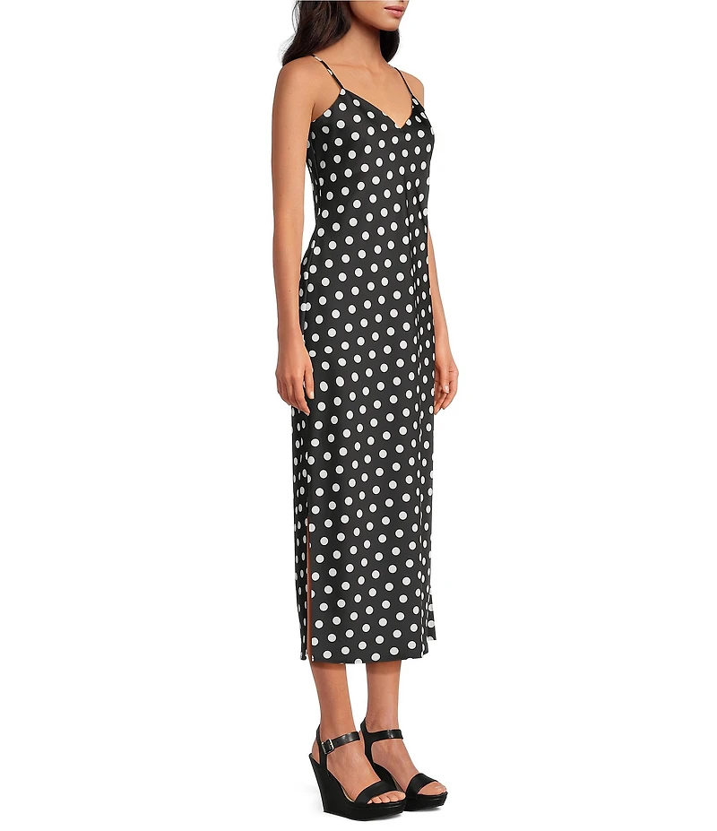 Gianni Bini Haven Satin Polka Dot Print V-Neck Sleeveless Midi Slip Dress