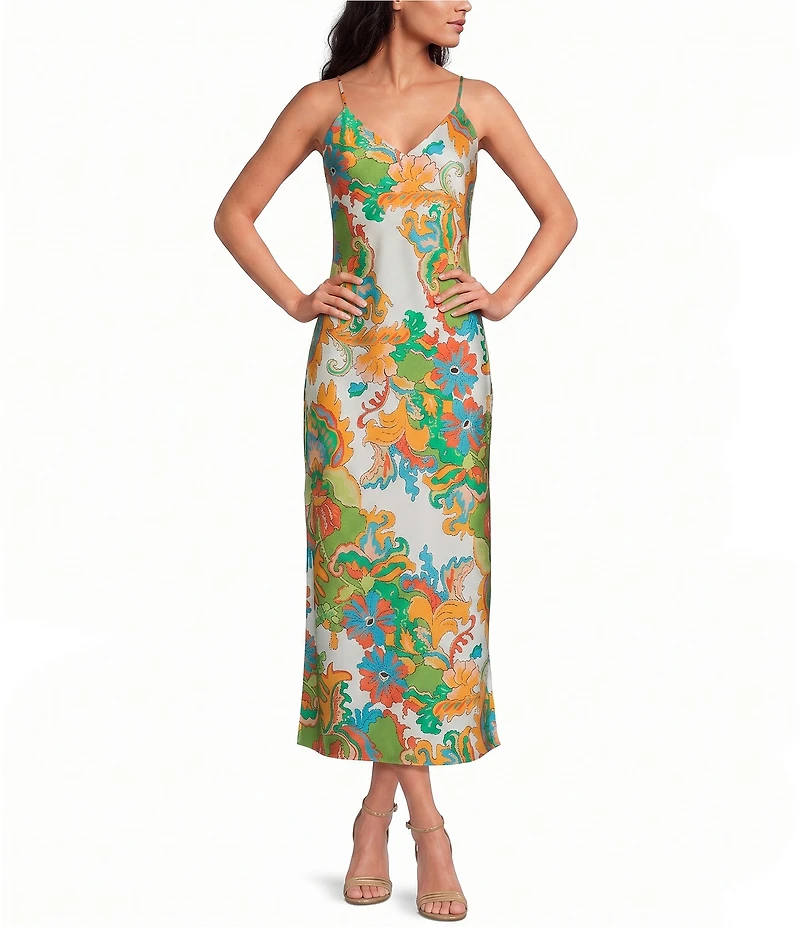 Gianni Bini Haven Scarf Printed V-Neck Sleeveless Satin Slip Maxi Dress