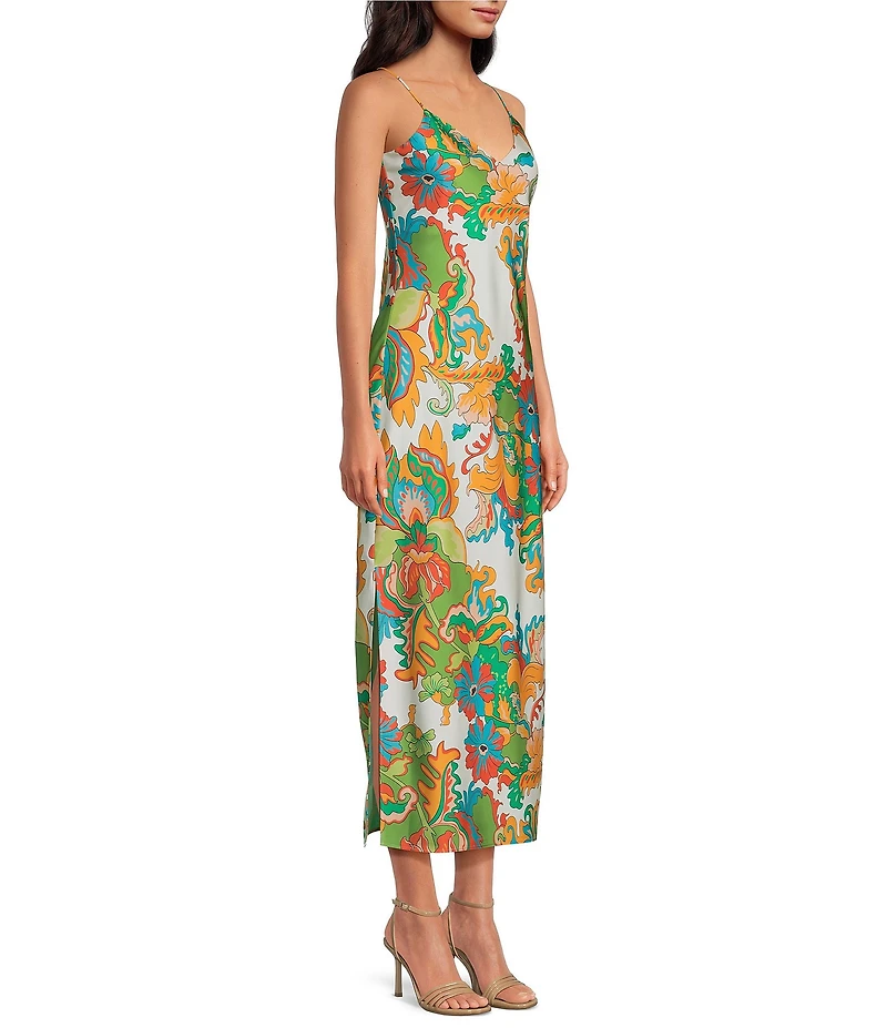 Gianni Bini Haven Scarf Printed V-Neck Sleeveless Satin Slip Maxi Dress