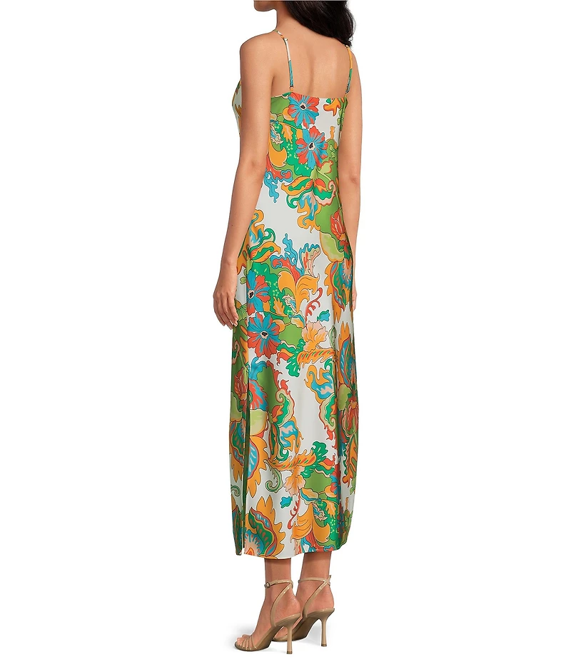 Gianni Bini Haven Scarf Printed V-Neck Sleeveless Satin Slip Maxi Dress