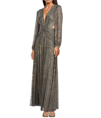 Gianni Bini Hazel Metallic Chiffon V-Neck Long Sleeve Cut Out Dress