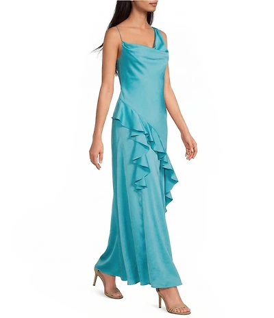 Gianni Bini Hollis One Shoulder Asymmetrical Neckline Satin Ruffle Maxi Dress