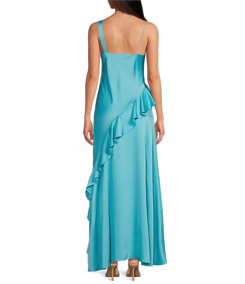 Gianni Bini Hollis One Shoulder Asymmetrical Neckline Satin Ruffle Maxi Dress