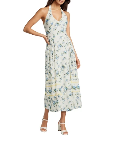 Gianni Bini Iris Floral Linen Halter Neck Sleeveless Drop Waist Midi Dress