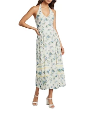 Gianni Bini Iris Floral Linen Halter Neck Sleeveless Drop Waist Midi Dress