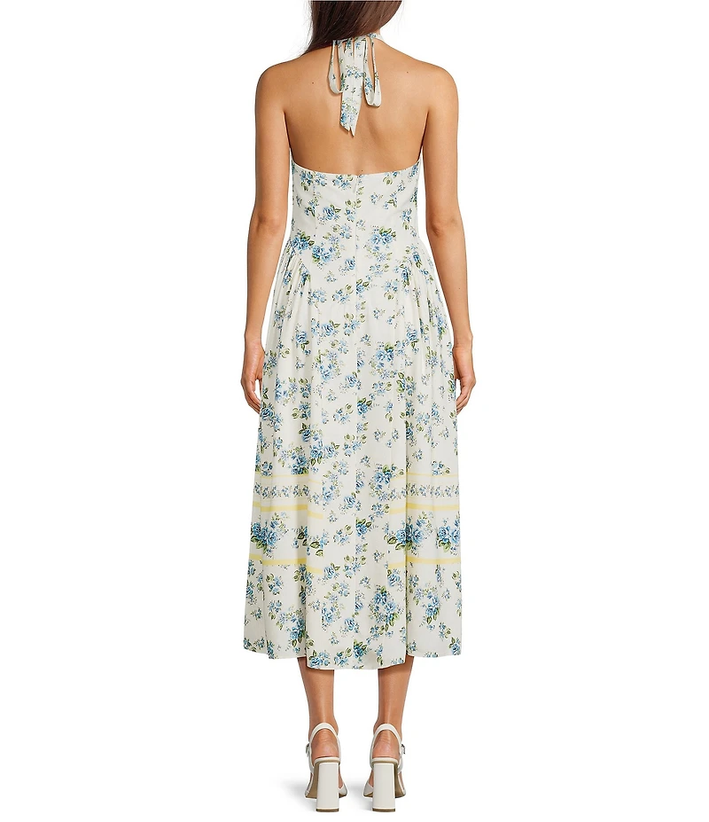 Gianni Bini Iris Floral Linen Halter Neck Sleeveless Drop Waist Midi Dress