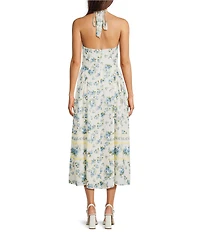 Gianni Bini Iris Floral Linen Halter Neck Sleeveless Drop Waist Midi Dress