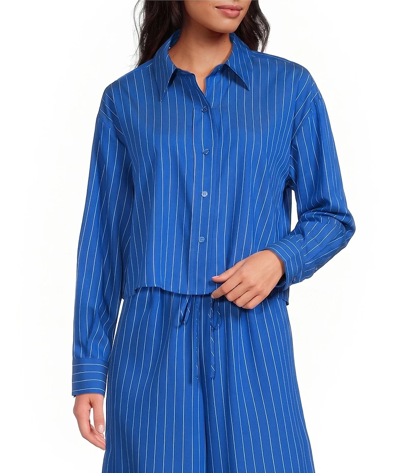 Gianni Bini Ivy Striped Collared Long Sleeve Coordinating Button Front Top