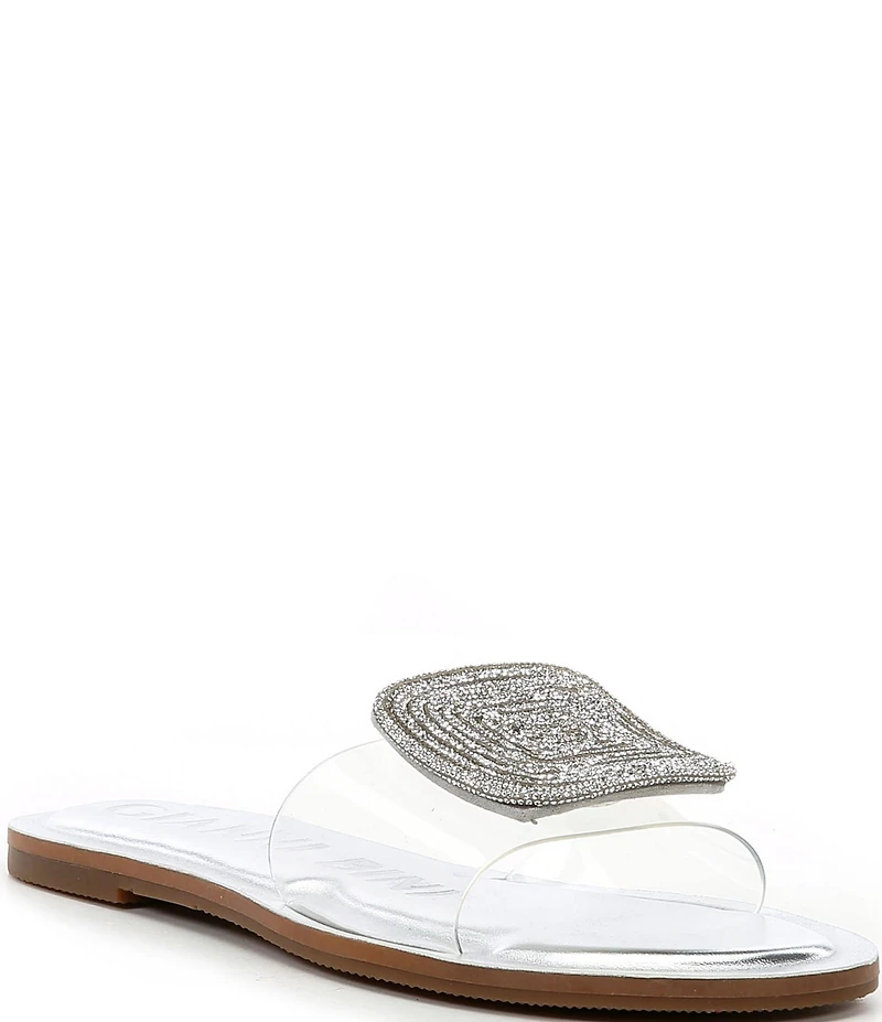 Gianni Bini Jaxx Clear Mismatched Rhinestone Ornament Flat Slide Sandals