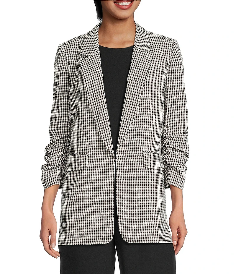 Gianni Bini Jemma Gingham Print Shawl Collar Ruched 3/4 Sleeve Coordinating Boyfriend Blazer