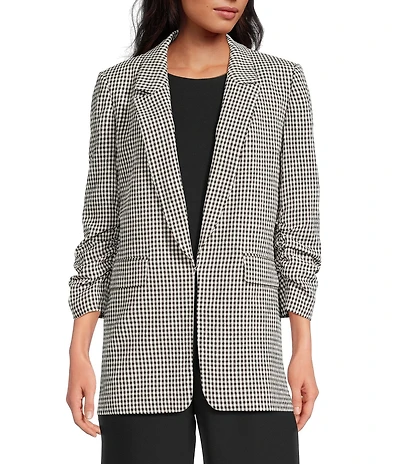 Gianni Bini Jemma Gingham Print Shawl Collar Ruched 3/4 Sleeve Coordinating Boyfriend Blazer