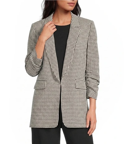Gianni Bini Jemma Gingham Print Shawl Collar Ruched 3/4 Sleeve Coordinating Boyfriend Blazer