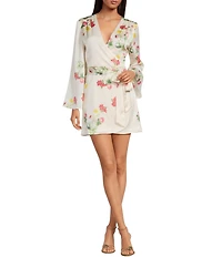 Gianni Bini Jenni Satin Floral Print V-Neck Long Sleeve Mini Wrap Dress