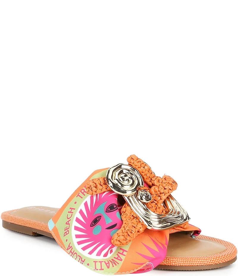 Gianni Bini Jerome Mismatched Raffia and Swirl Ornament Slide Sandals