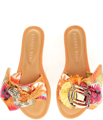 Gianni Bini Jerome Mismatched Raffia and Swirl Ornament Slide Sandals