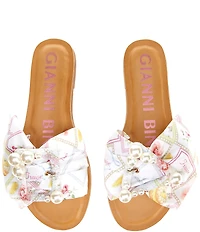 Gianni Bini Jewel Floral Postcard Print Mismatched Pearl Buckle Slide Sandals