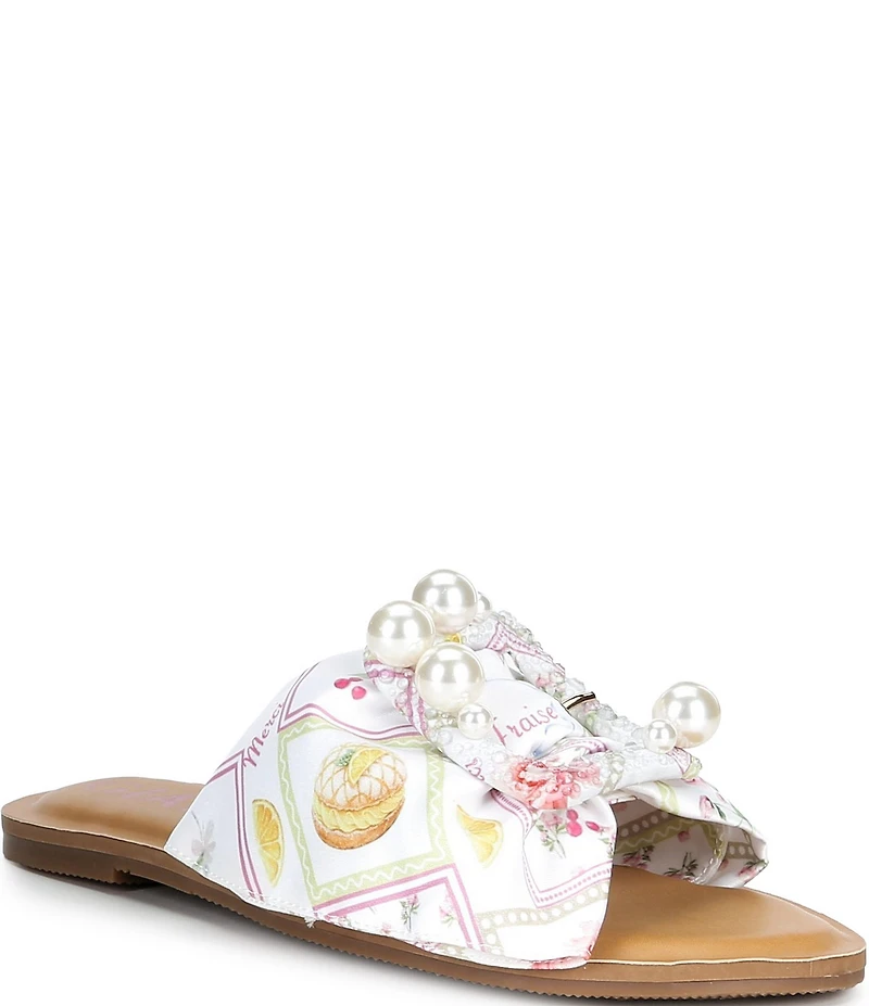 Gianni Bini Jewel Floral Postcard Print Mismatched Pearl Buckle Slide Sandals