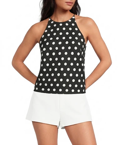 Gianni Bini Joanna Polka Dot High Neck Halter Sleeveless Linen Tank Top