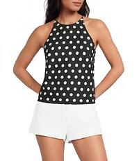 Gianni Bini Joanna Polka Dot High Neck Halter Sleeveless Linen Tank Top