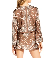 Gianni Bini Josie Bandana Printed Tie Front Long Sleeve Satin Coordinating Blouse
