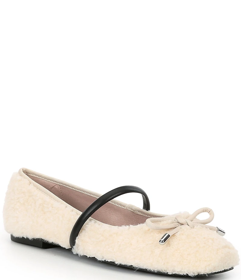 Gianni Bini Josie Faux Shearling Leather Mary Jane Bow Detail Ballerina Flats