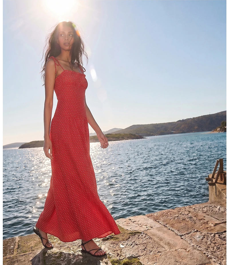 Gianni Bini Juliette Square Neck Sleeveless Polka Dot Linen Maxi Dress