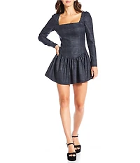 Gianni Bini Kendall Blue Plaid Square Neck Drop Waist Long Sleeve Dress