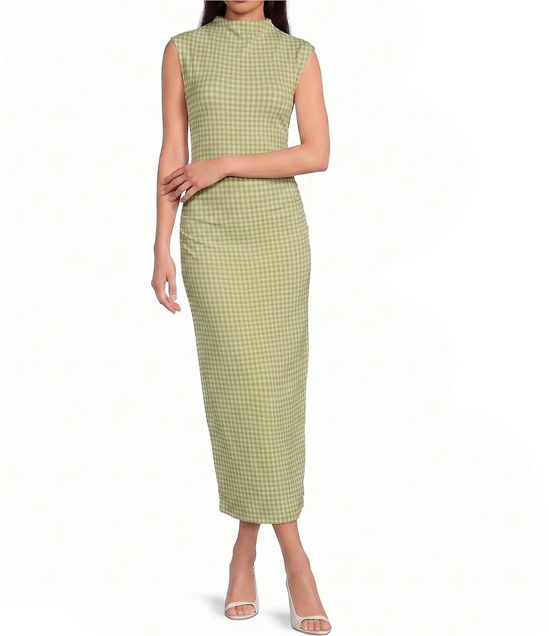 Gianni Bini Knit Gingham Print Mock Neck Cap Sleeve Bodycon Midi Dress