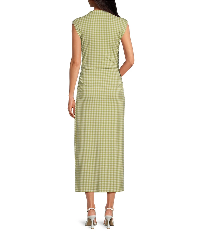 Gianni Bini Knit Gingham Print Mock Neck Cap Sleeve Bodycon Midi Dress