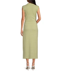 Gianni Bini Knit Gingham Print Mock Neck Cap Sleeve Bodycon Midi Dress