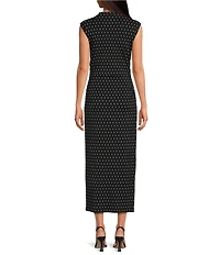 Gianni Bini Knit Polka Dot Mock Neck Cap Sleeve Bodycon Midi Dress