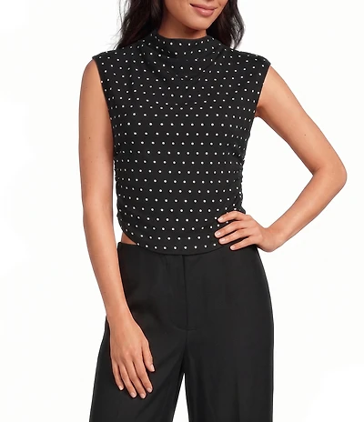 Gianni Bini Knit Polka Dot Mock Neck Cap Sleeve Top