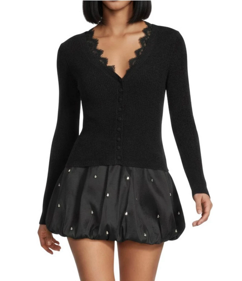 Gianni Bini Lace Detail V-Neck Long Sleeve Sweater Cardigan