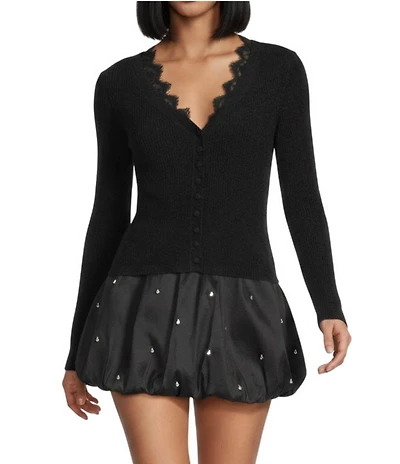 Gianni Bini Lace Detail V-Neck Long Sleeve Sweater Cardigan