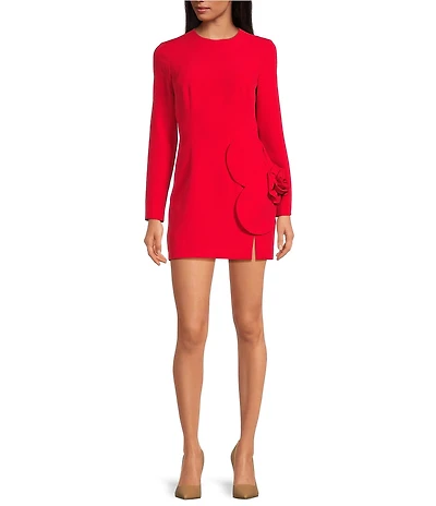 Gianni Bini Layla Crepe Crew Neck Long Sleeve Flower Applique Mini Dress