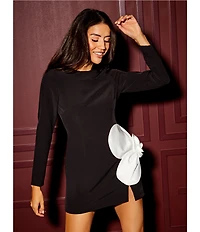Gianni Bini Layla Crepe Crew Neck Long Sleeve Flower Applique Mini Dress