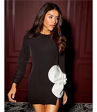 Gianni Bini Layla Crepe Crew Neck Long Sleeve Flower Applique Mini Dress