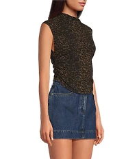 Gianni Bini Leopard Print Mock Neck Cap Sleeve Tank Top