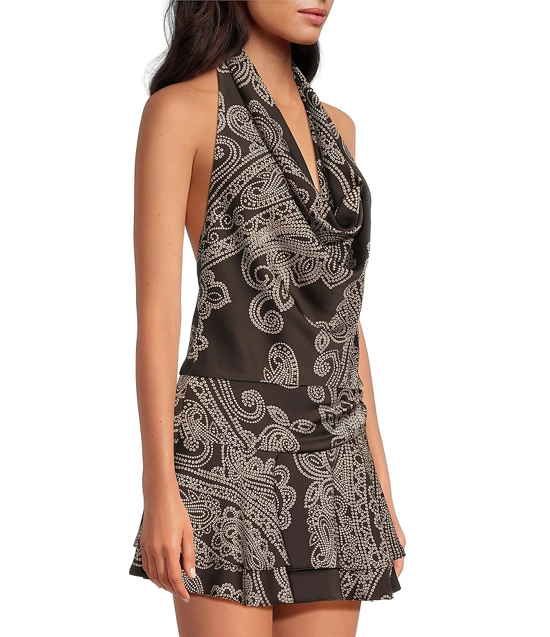 Gianni Bini Luna Satin Paisley Printed Cowl Neck Sleeveless Coordinating Blouse Top
